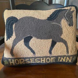 Horse Horseshoe Inn Wool Needlepoint Hook Pillow Equestrian